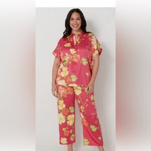 Natori Floral Satin Pajama Set - Pink and Yellow